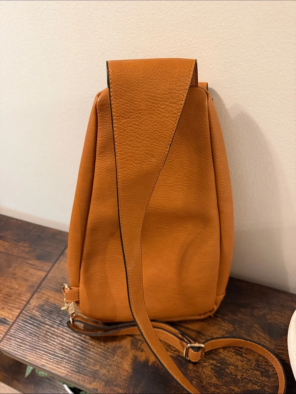 Poppy & Peonies Cognac Leather Sling Backpack with Gold Hardware